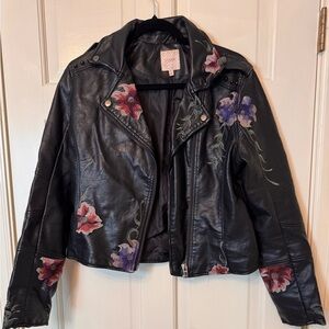 Candie's Black Faux Leather Moto Jacket with Floral Embroidery size L